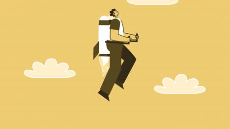 el personaje plano del hombre de estilo amarillo vuela fuera del teléfono inteligente con la mochila del jetpack. animación aislada con el canal alfa