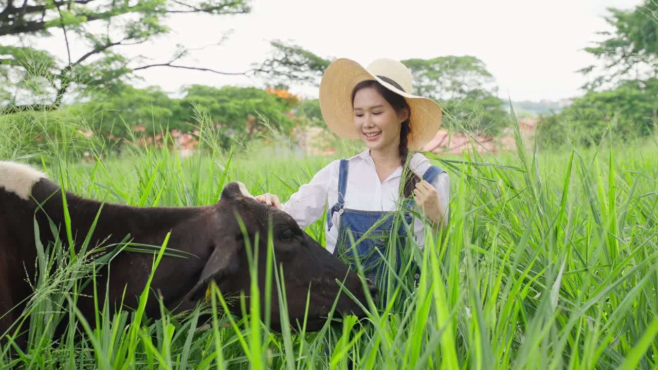 여자 농부 가  에 있는 소 와 함께