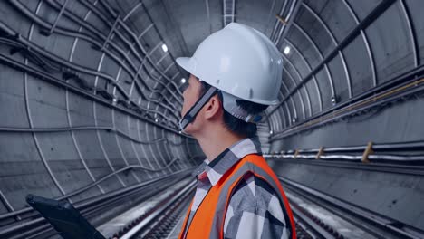 close up side view of asian male engineer with safety helmet looking at the tablet in his hand and looking around while standing in underground subway tunnel