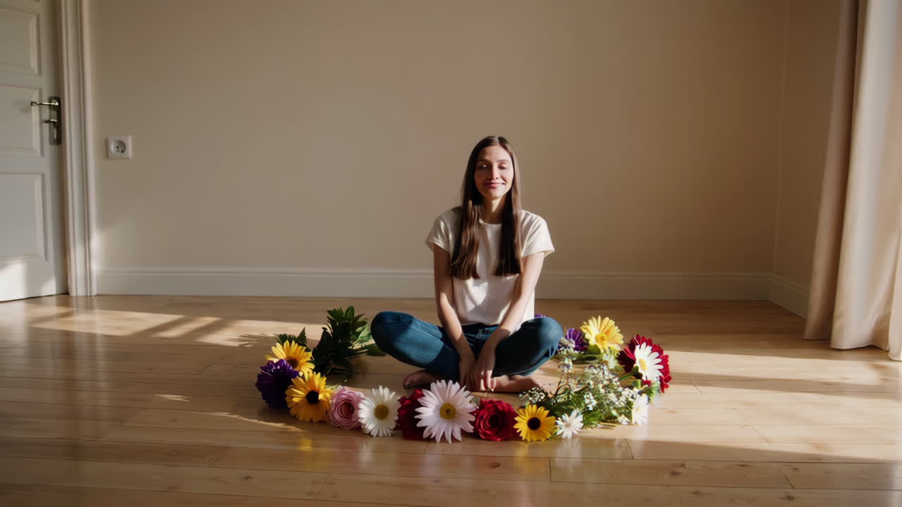 Donna seduta in un cerchio di fiori