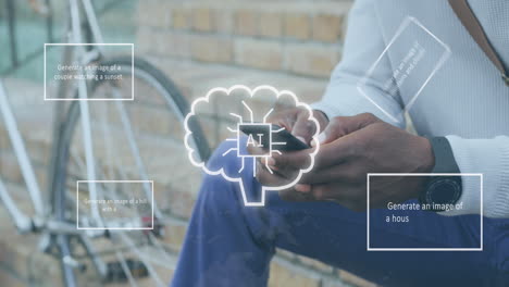 Animation of ai data processing over african american man using smartphone