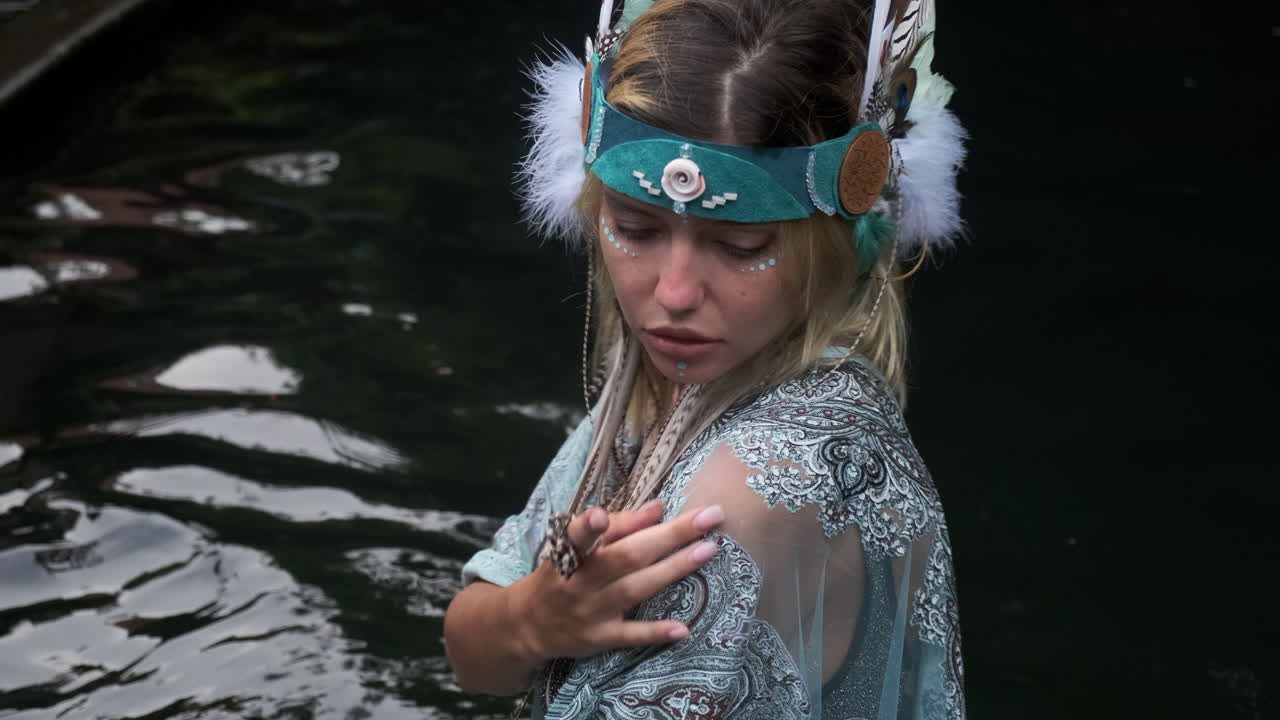 женщина в стиле местных жителей у воды.