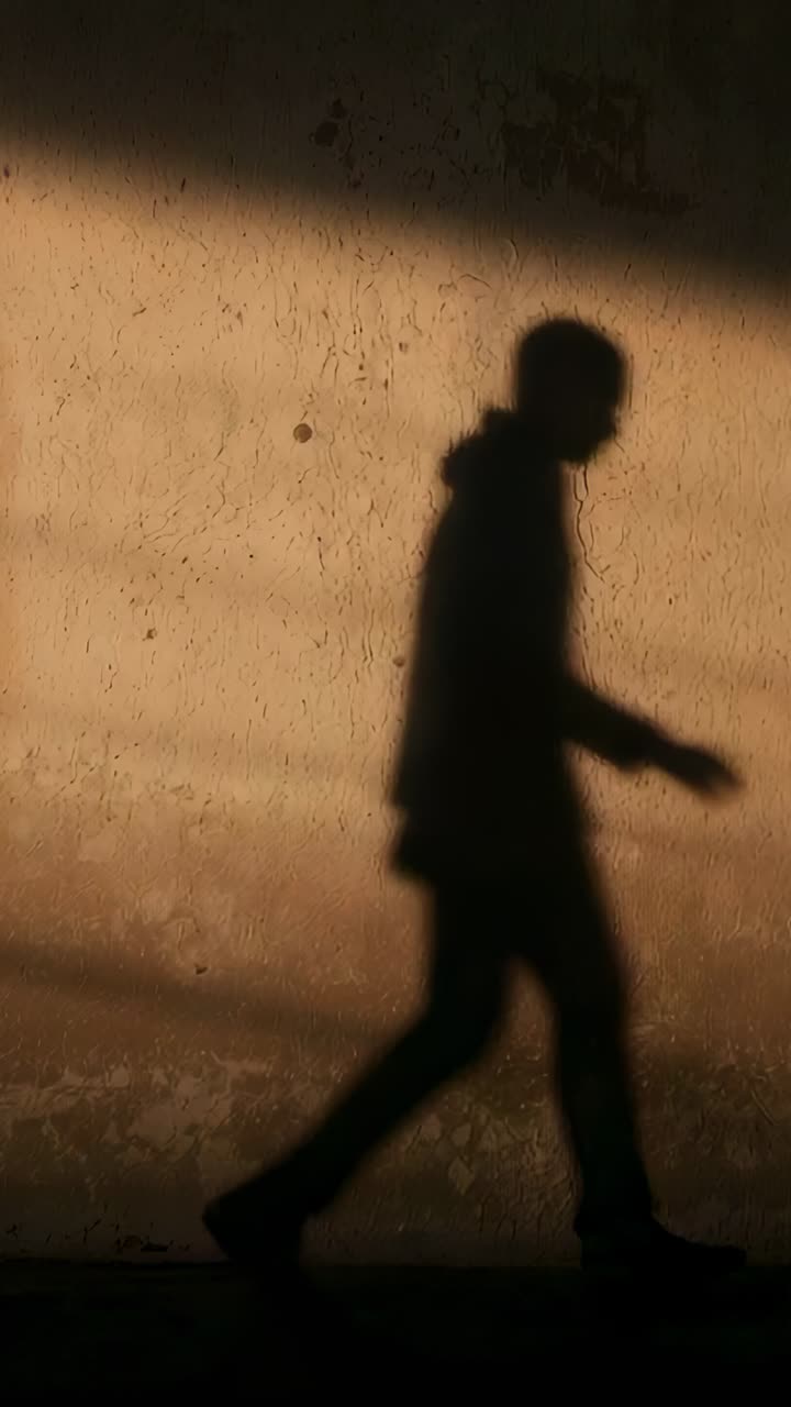 Vertical video: Sunlight casting hooded shadow walking past stucco wall, diagonal band, copy space