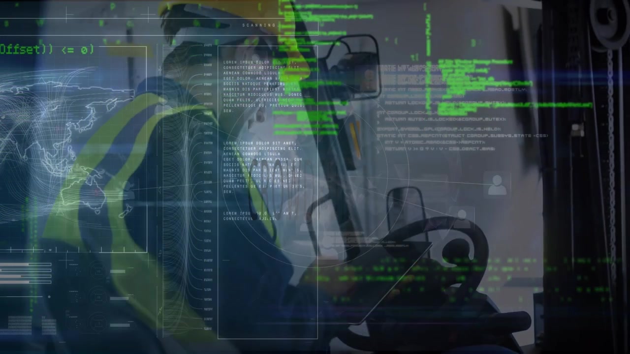 Animazione di elaborazione dati su un ingegnere caucasico che lavora su un tablet digitale in un veicolo