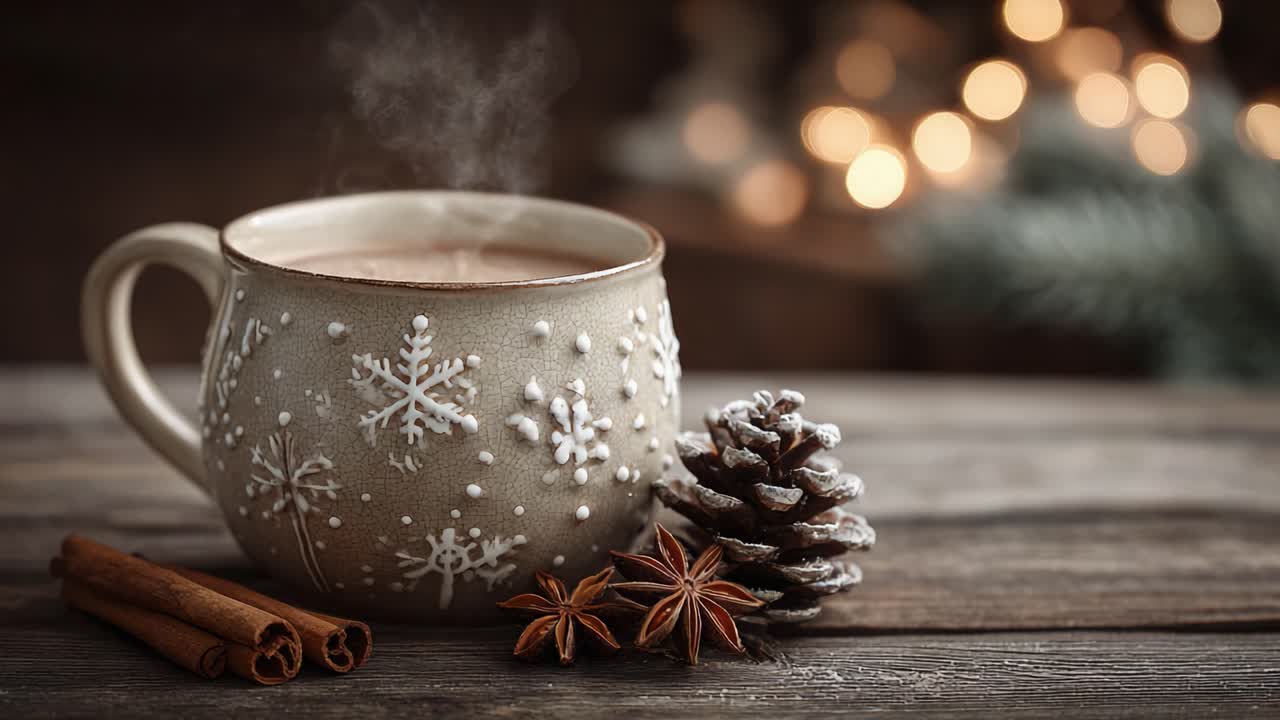 Warm and Cozy Holiday Scene Featuring a Beautifully Decorated Mug of Hot Chocolate Surrounded by Spices, Pine Cones, and a Soft, Blurry Background of Twinkling Lights