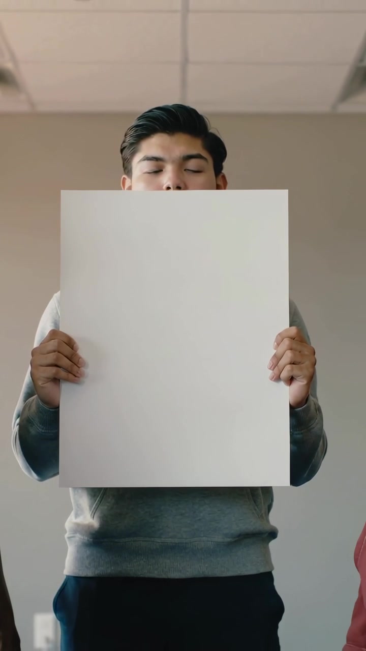 Video verticale: Uomo in grigio che tiene e abbassa un poster nella stanza mentre la telecamera inizia a inquadrare a sinistra
