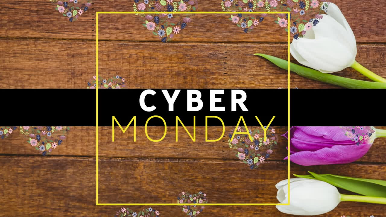 lunes de texto cibernético banner sobre diseños florales en forma de corazón flotando y margaritas en superficie de madera