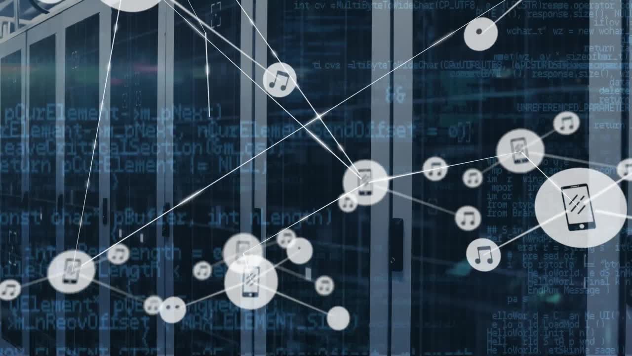 Animation of programming language and icons connected with lines over server room in background