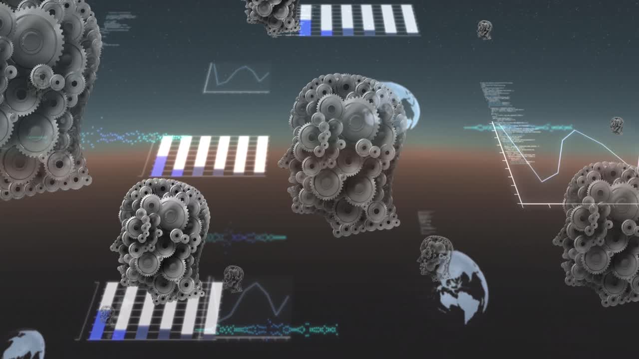 Animation of human heads with clogs and data processing with globes