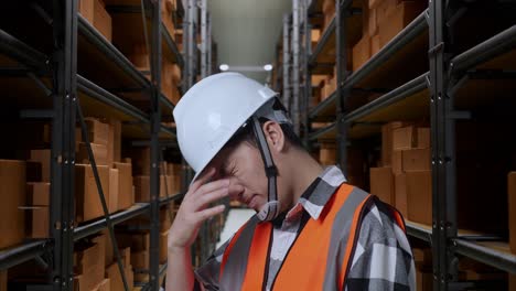 close up side view of asian male engineer with safety helmet having a headache while standing in the warehouse with shelves full of delivery goods