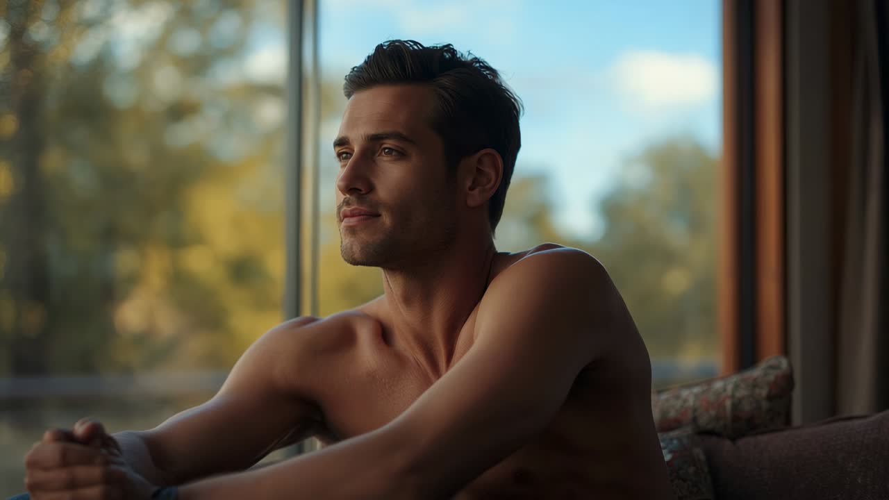 Homem sem camisa girando a cabeça e olhando em um lounge perto de uma grande janela, sendo iluminado pela luz do sol