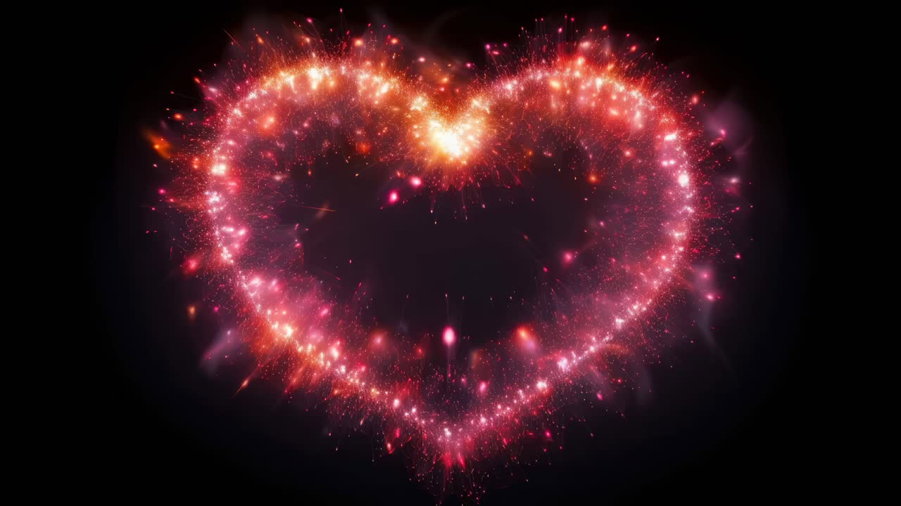 Heart-shaped fireworks burst in a vibrant display, captured from a wide-angle video perspective