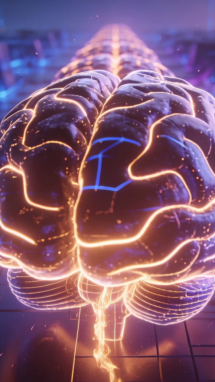 Vertical video: Sequence starting CG brain pulsing in neon set revealing fissure sparks tiled grid