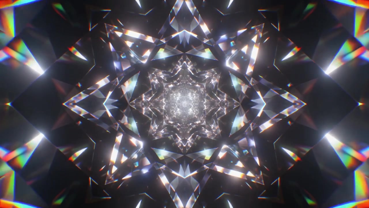 Abstraktní kaleidoskopický tunel třpytivých diamantových faset.