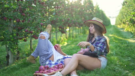 couple enjoying a relaxing day in an apple orchard