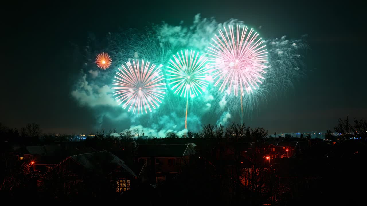 Launching shells with glowing trails, rising horizon and bursting colorful blooms over roofs