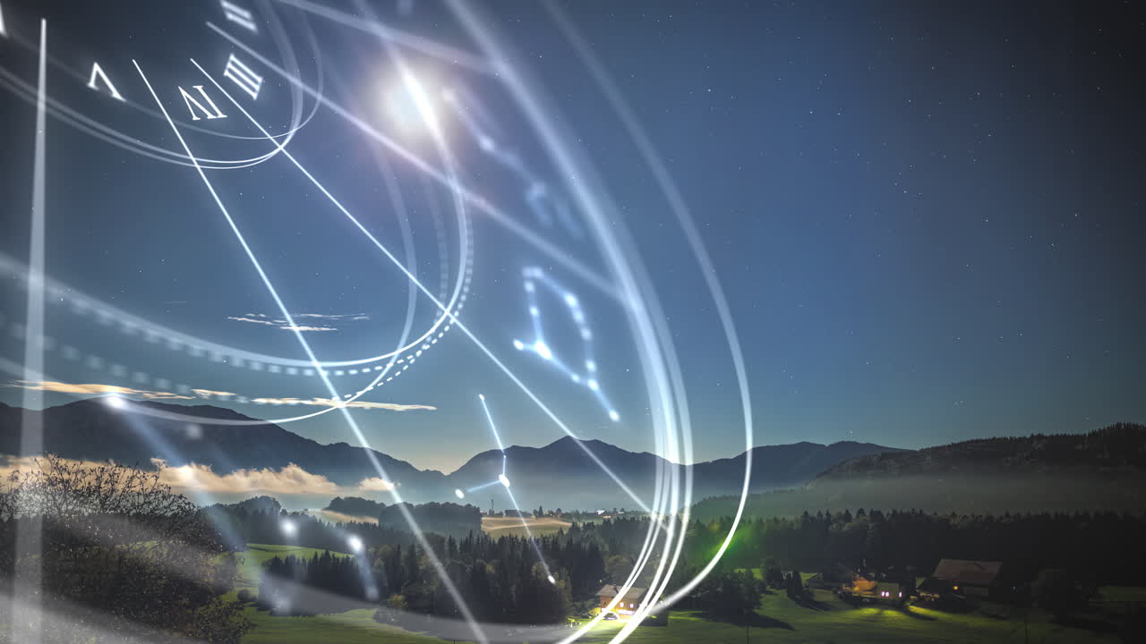 rueda del zodiaco animada en un fondo de naturaleza de campo montañoso - render cgi