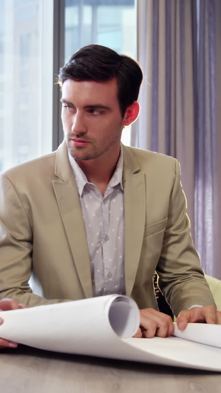Businesswoman and businessman discussing over a blueprint