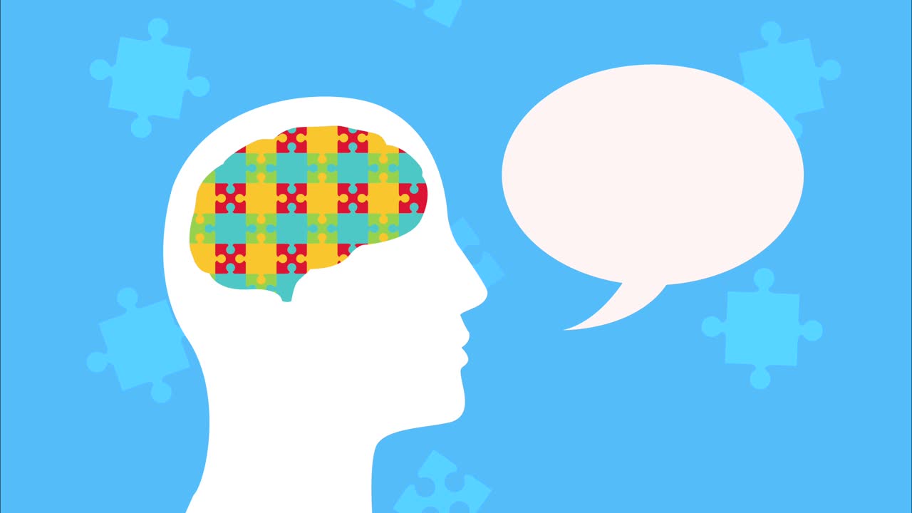 animación de salud mental con silueta de perfil hablando y rompecabezas cerebrales