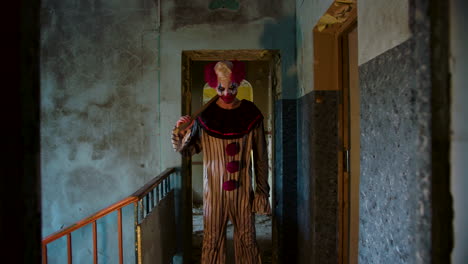 payaso aterrador en una casa abandonada