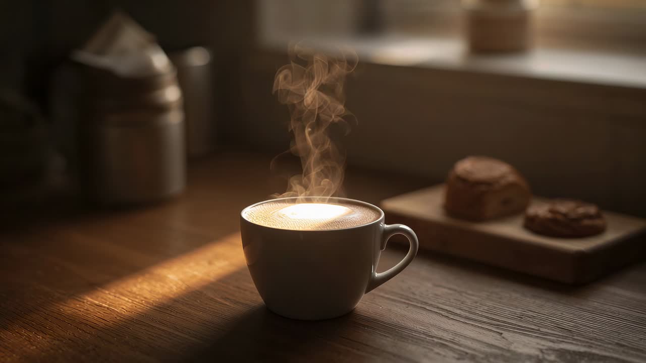 Releasing steam, white ceramic cup sitting on wood table by window from frothy hot drink cooling