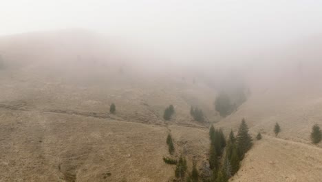aerial shot of beautiful bucegi mountains landscape, foggy weather, romania