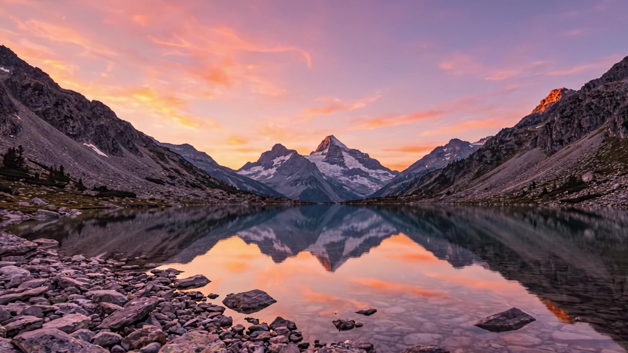 A Breathtaking Sunset Over Majestic Mountains with Perfect Reflection on Calm Waters: A Serene Nature Scene Captured in Stunning Detail