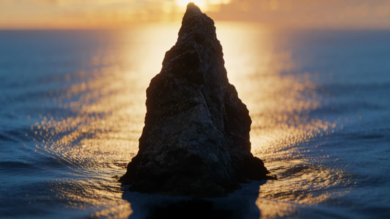 Vertical video: Moving camera framing tall pointed rock on wet sand, revealing texture and sun band