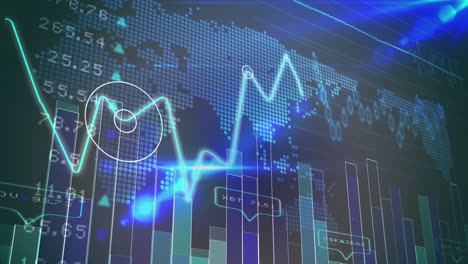 animazione dell'elaborazione dei dati statistici e del mercato azionario sulla mappa del mondo su sfondo blu