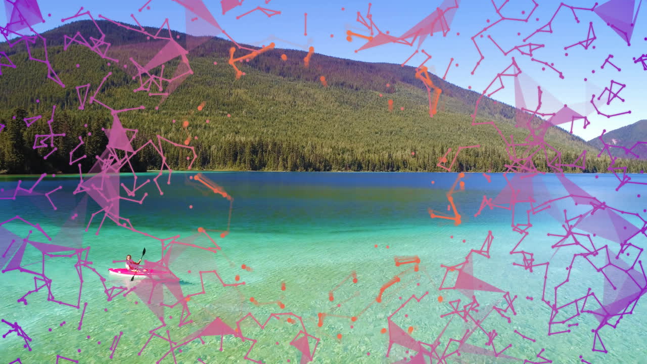 Kayaker on turquoise lake with abstract pink and orange geometric animation overlay