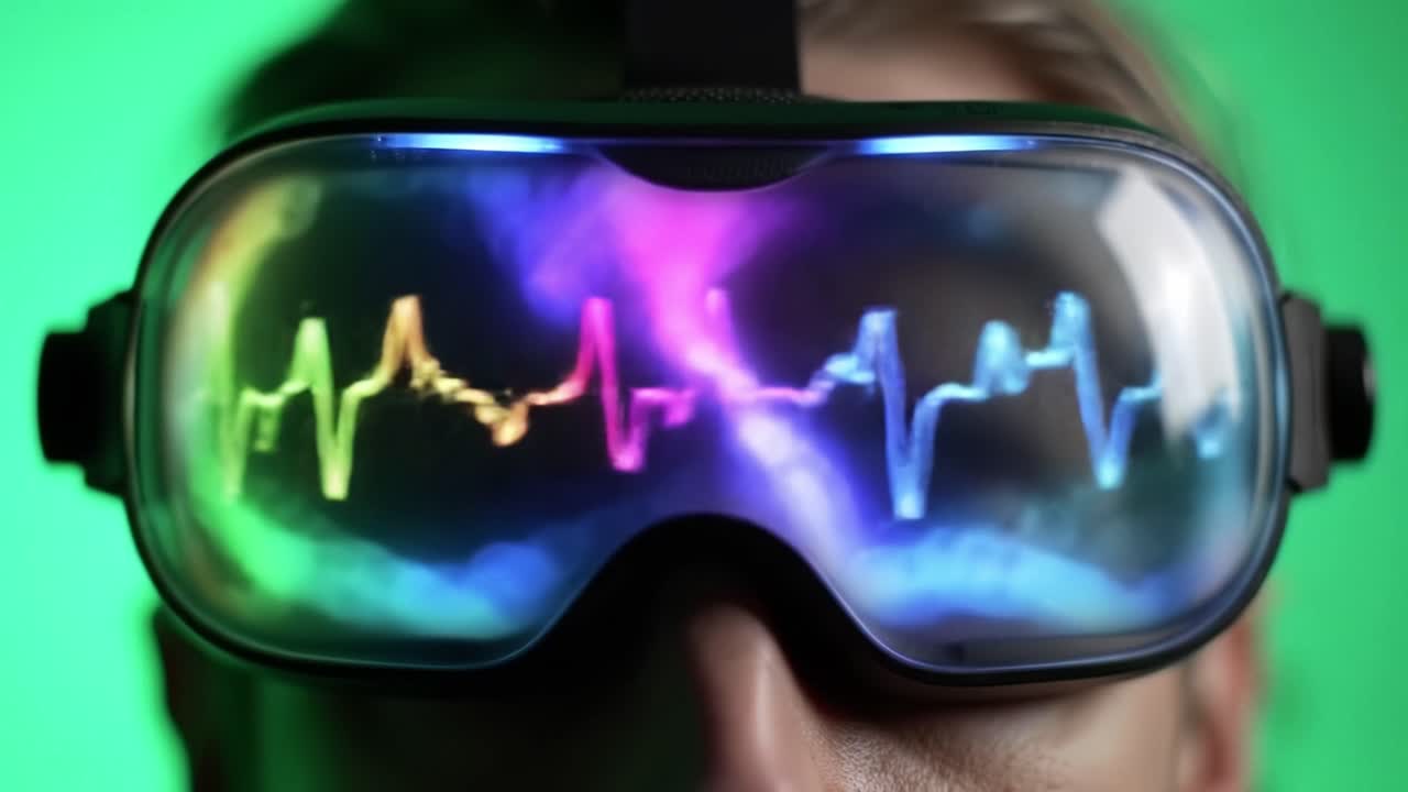 Person Wearing VR Headset with Colorful ECG Display