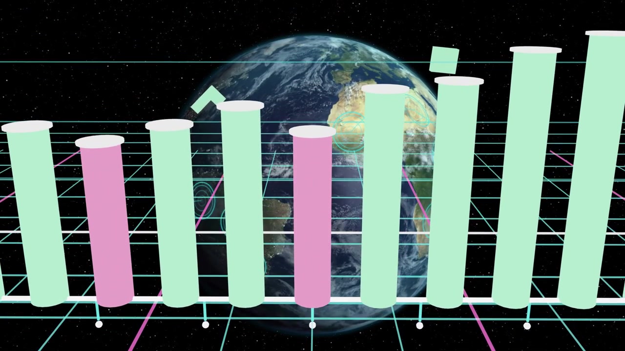 Neon grid activating mint and pink cylinders rising and varying, visualizing data behind Earth