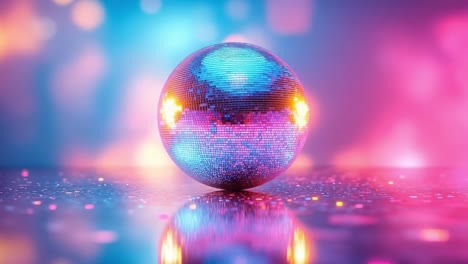 disco ball with vibrant lights. a disco ball stands on a reflective surface, illuminated by colorful lights in a lively atmosphere.
