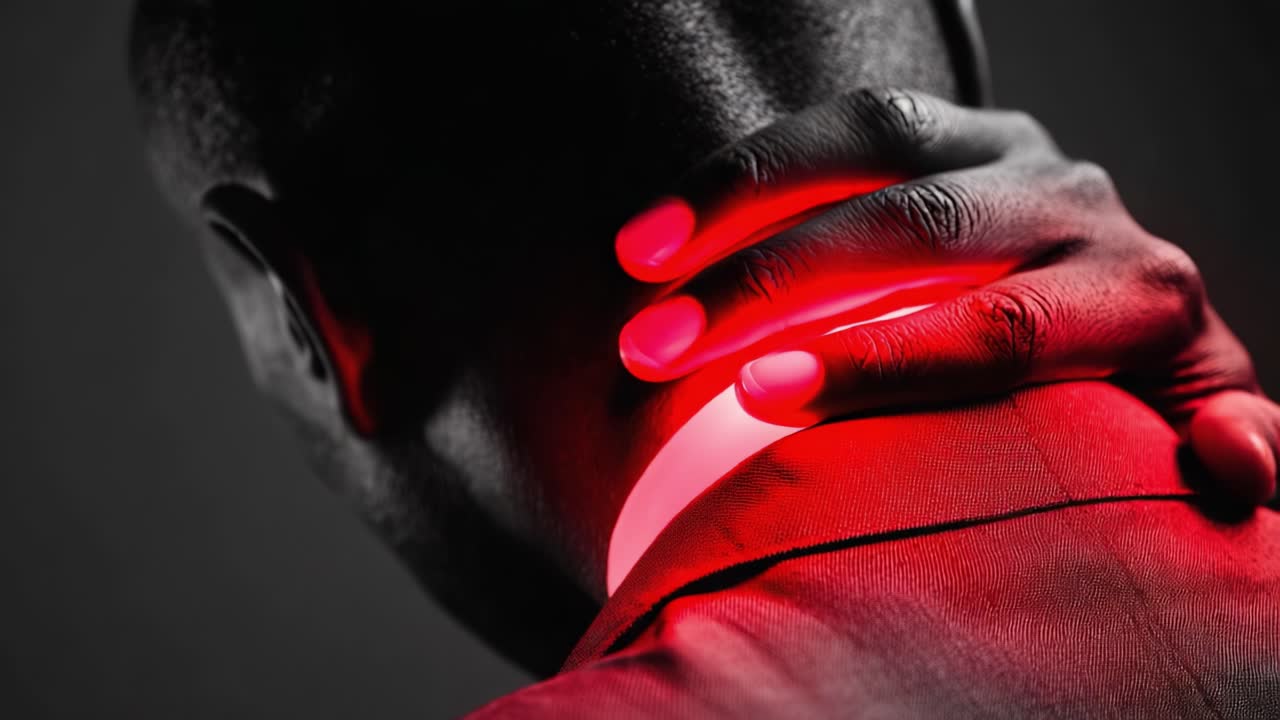 A close-up shot of a person's neck, displaying a hand gripping the neck with a striking red glow illuminating part of a suit, conveying a sense of emotion and depth