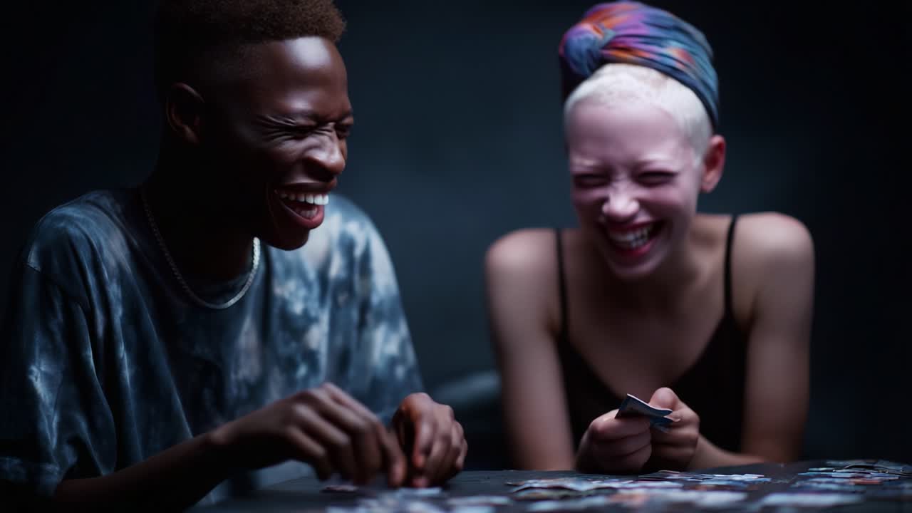 Two Friends Share a Joyful Moment Over Their Game, Capturing Genuine Laughter and Connection in a Dimly Lit Room, Creating a Powerful Atmosphere of Friendship and Fun