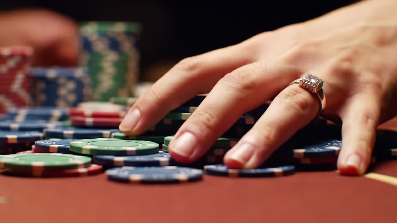 A Close-Up Look at Poker Chips and a Player's Hand Engaged in Competitive Casino Gaming During a High-Stakes Poker Match with Focus on Strategy and Skill