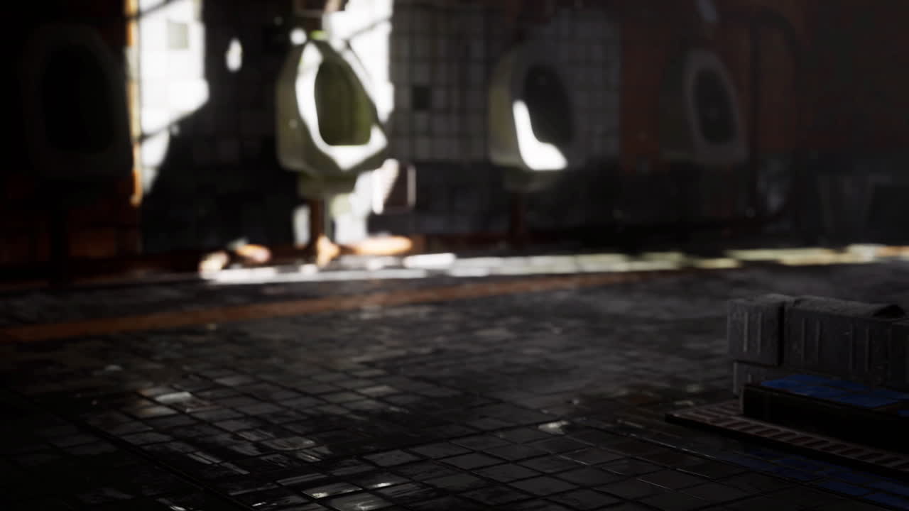 Urban restroom with unique features and lighting details in a quiet setting