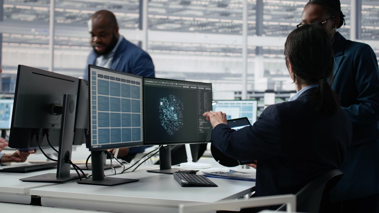 Asian Scientist Analyzing Data on Computer with Colleague in Modern Office