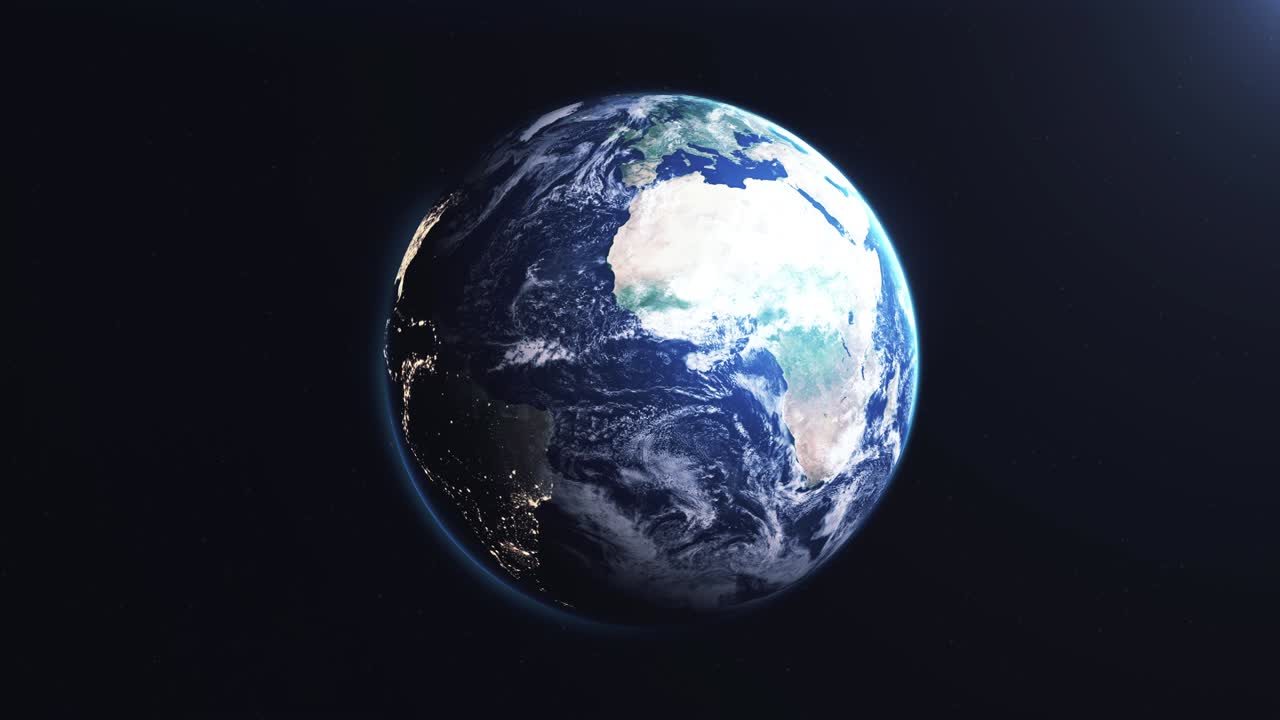 una representación 3d cinematográfica - 3d la tierra girando lentamente en el espacio moviéndose de la noche al lado del bucle de la luz del día con la línea de terminador definir desde el lado iluminado y la oscuridad. elementos de la nasa