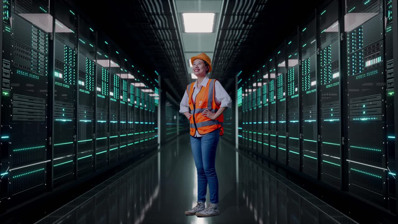 Full Body Side View Of Asian Female Engineer Wearing Safety Helmet Looking Around While Standing With Arms Akimbo in Server Room Data Center
