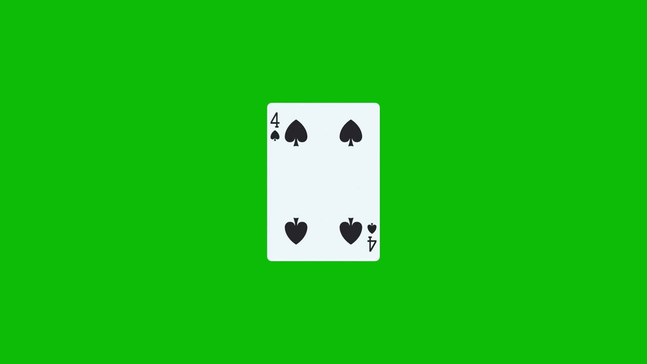 Una carta da poker con il quattro di picche ruota e si rivela su uno schermo verde, animazione 3D. Puoi modificare la tempistica della clip per controllare l'effetto di rivelazione.