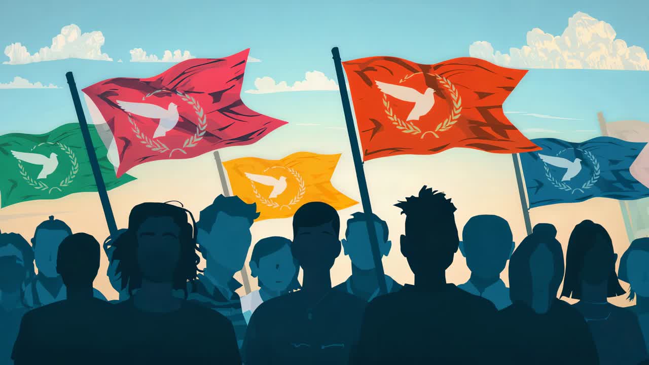 Responding to breeze silhouetted crowd waving dove flags at open field supporting demonstration