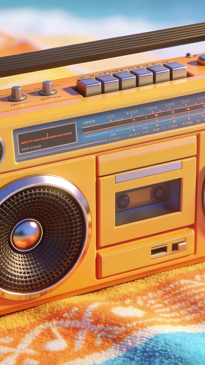 Video vertikal: Kamera menggeser memperlihatkan boombox retro di atas handuk bermotif dekat laut, memfokuskan kaset.