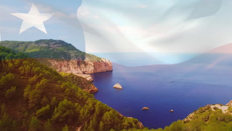 digital composition of waving chile flag against aerial view of the sea