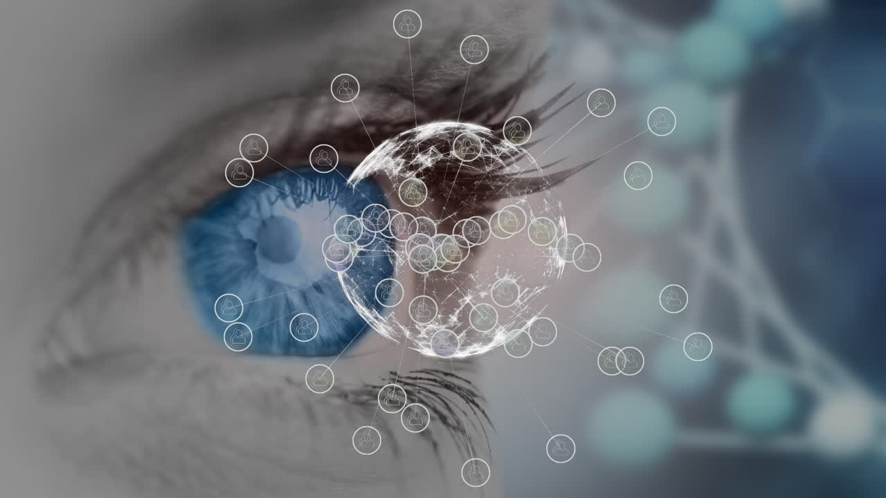 animación de la red de conexiones con iconos sobre el ojo de la mujer