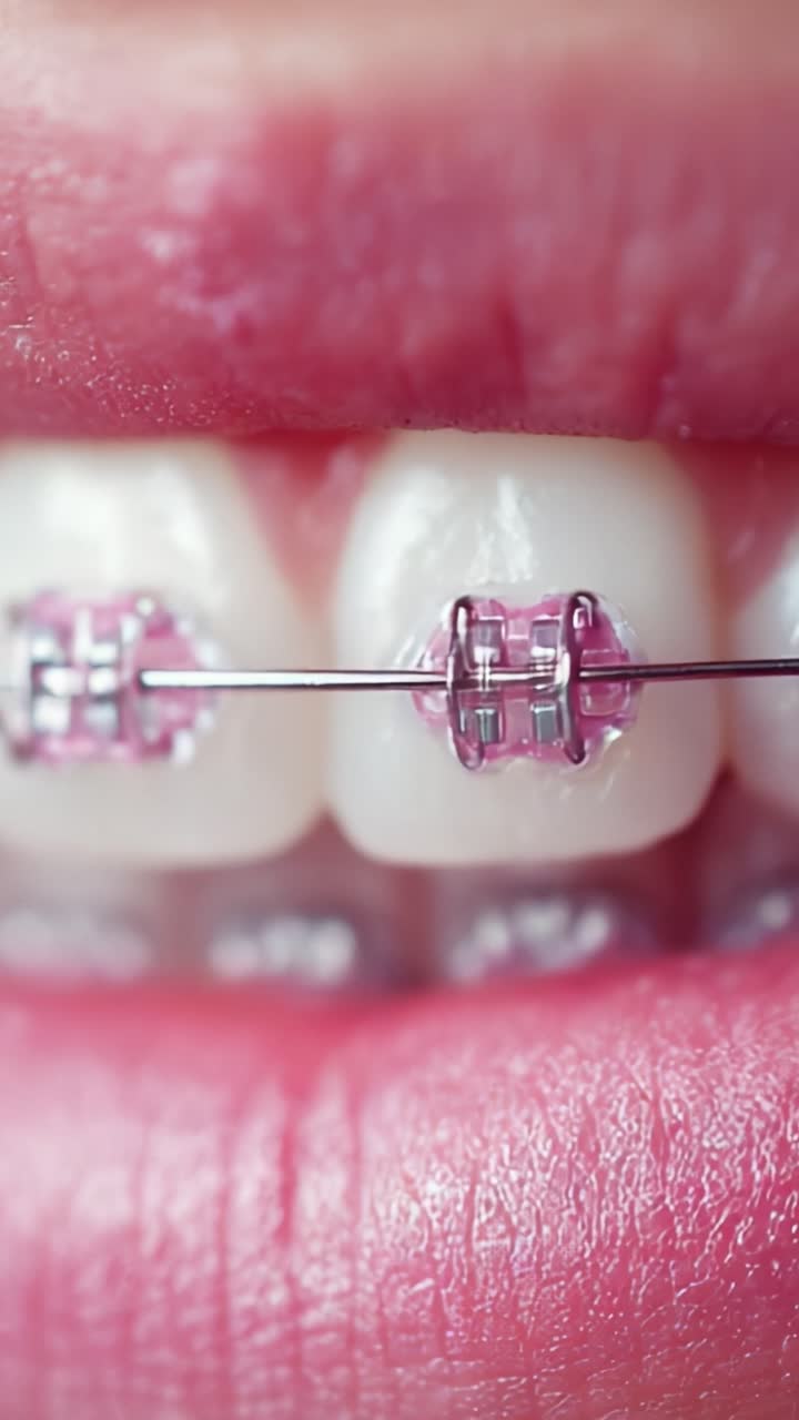 Close-up View of Braces on Teeth with Pink Rubber Bands Highlighting Orthodontic Treatment and Dental Aesthetics for Improved Smiles and Oral Care