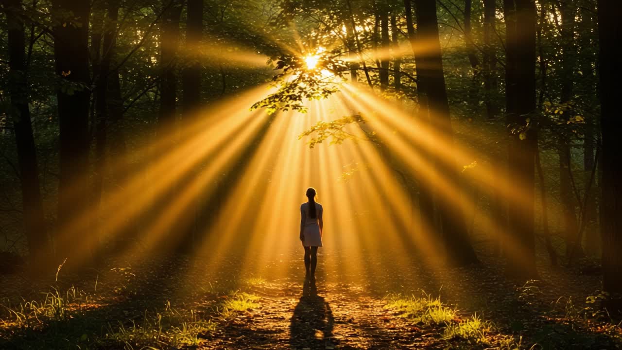 A solitary figure stands in a sun-drenched forest, surrounded by radiant beams of light filtering through the trees, creating a tranquil and ethereal atmosphere
