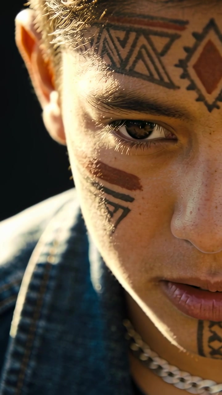Video verticale: Adolescente tatuato che cambia posizione con sguardo intenso in primo piano soleggiato, con luce direzionale, denim, catena