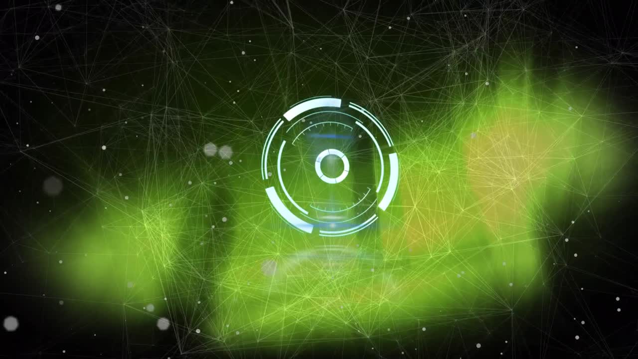 연결 네트워크를 통해 범위 스캔의 애니메이션과 노란색 배경에 빛나는 반점