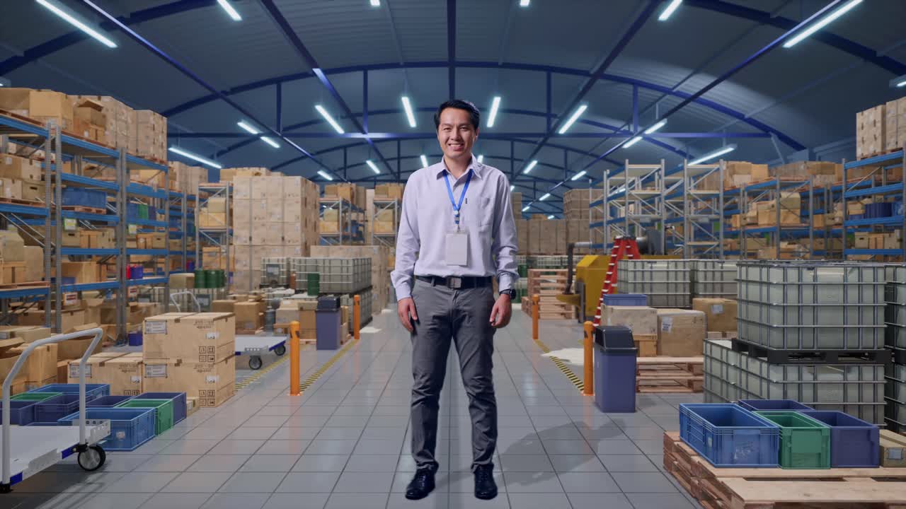 Figura intera di un lavoratore professionista asiatico in piedi in un magazzino con scaffalature, che guarda la fotocamera e sorride